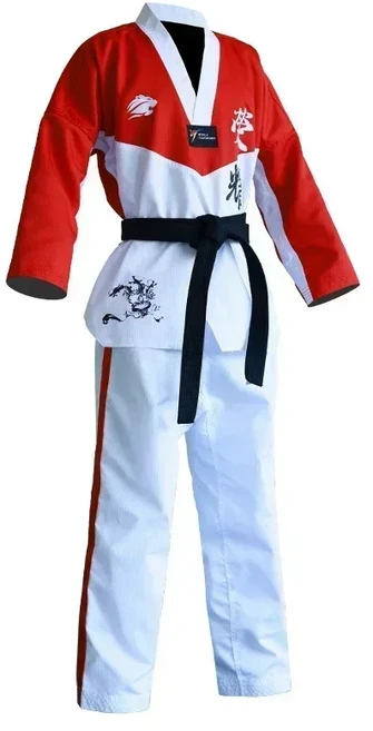 성인 키즈 WTF 스타일 늑골이있는 태권도 폴리 코튼 슈트 도복 무술 육상 가라데 의류, 07 S-140CM, 01 빨간색
