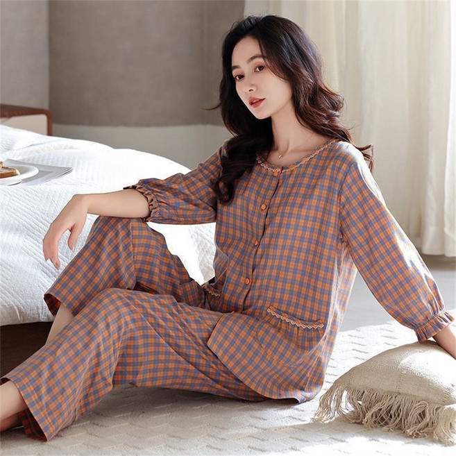 Vezri 여성 사계절용 긴팔 긴바지 잠옷 투피스 세트 편안한 홈웨어