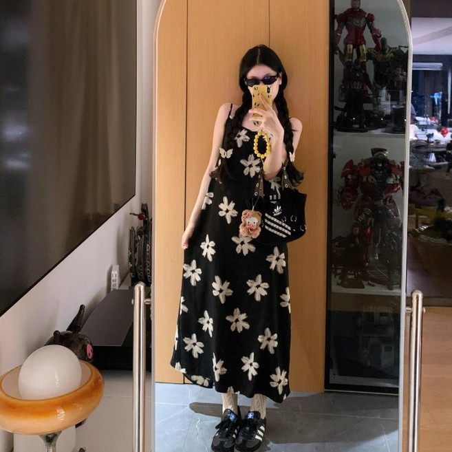 ZAJA 여성 나시 원피스 스트랩 고급 캐주얼 여름 바캉스 블랙 플라워 원피스