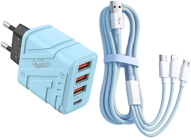 BIKASU 120W 초고속 충전기 4포트 고속충전 멀티 충전기 PD + USB 3in1 멀티 케이블, 1세트, 블루