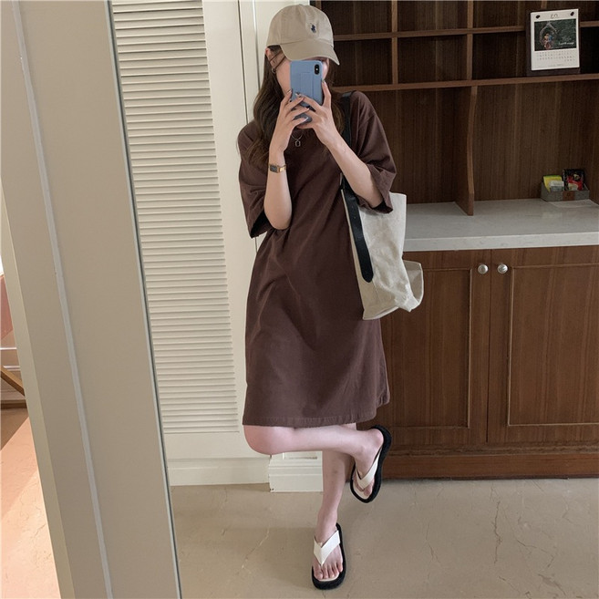 韓系慵懶風短袖洋裝 - 寬鬆顯瘦孕婦裝休閒長版T恤