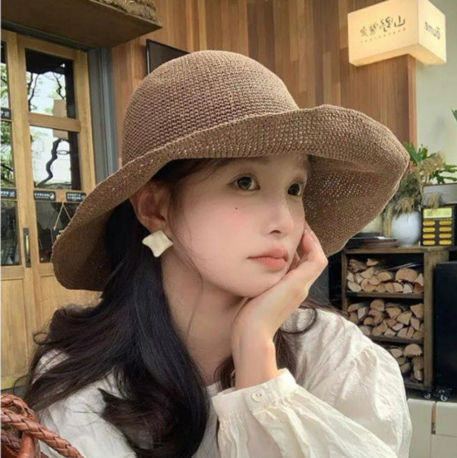 자오자오 여성 밀짚 프리미엄 버킷햇 와이드챙 소두핏 여름 휴양지 감성 비치룩 자외선차단 모자