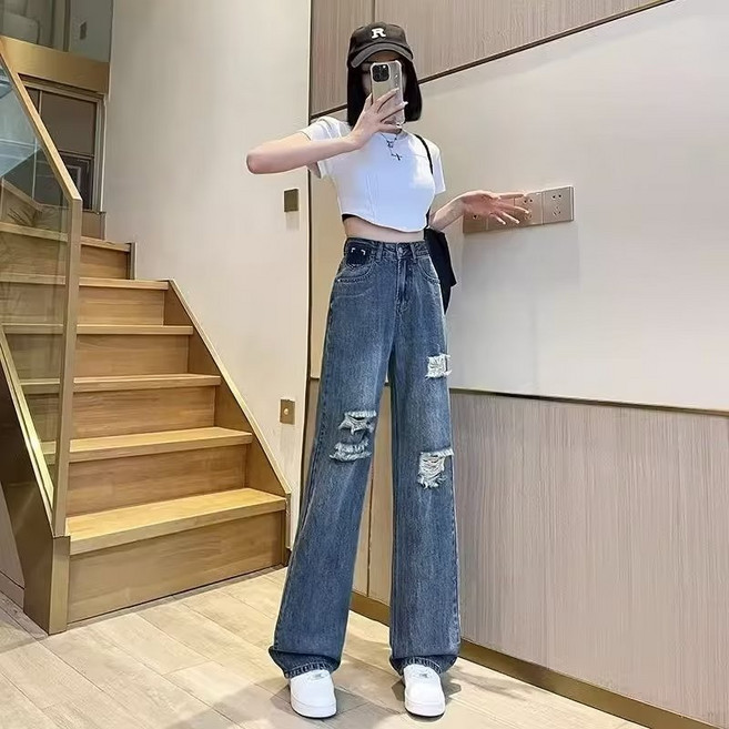 SAHINER 여성 데님 와이드 팬츠 찢어진 하이웨스트 여름용 캐주얼 BPD13