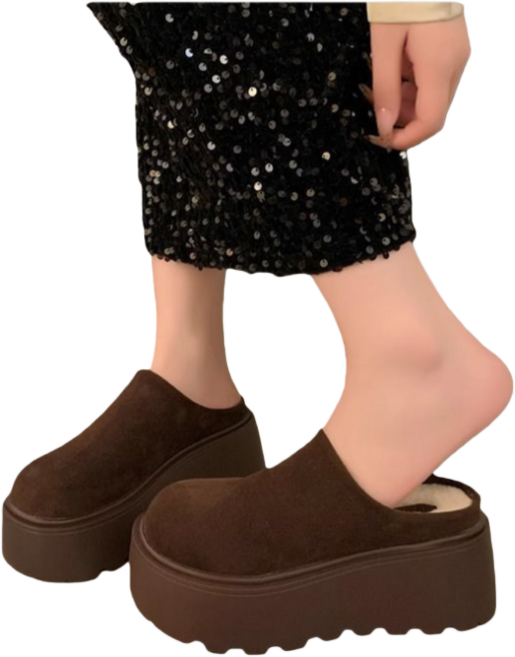 Makone 여성 가을 겨울 스웨이드 거실 퍼 통굽 방한 슬리퍼