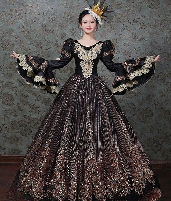 중세드레스 공연의상 원피스 무대의상 코르셋 유럽빈티지, 블랙 43