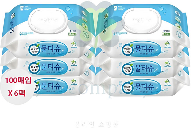 깨끗한나라 페퍼민트 물티슈 캡형, 6개, 100개입, 325g