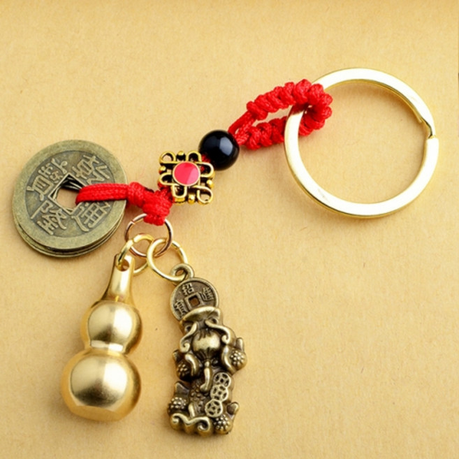 황동 차키링 홀더 열쇠고리 호리병 엽전 비휴 행운 풍수 부적 j723, 1개