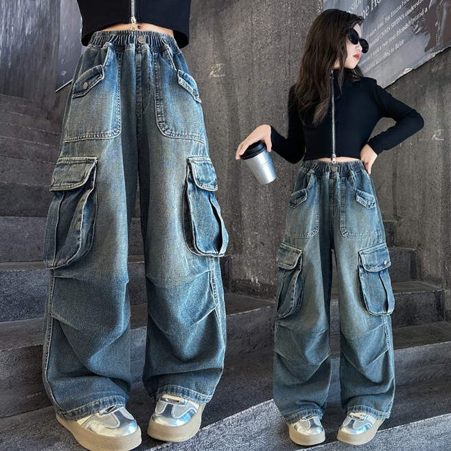 UPPERCUT 여아 밴딩 카고 청바지 주니어 와이드 레그 팬츠 학생 스트레이트 바지