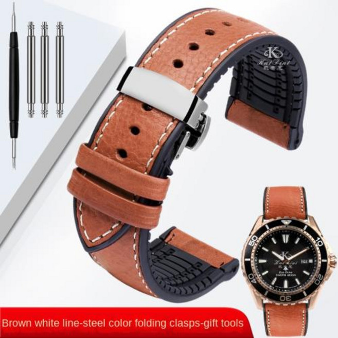 이탈리아 가죽 스킨 시계 밴드 부드러운 방수 고무 19mm 20mm 21m 22m 23mm 남성용 스트랩 티쏘 태그호이어, China, 60)Brown Silver folding, 1개