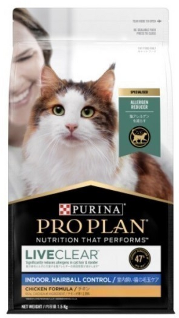 퓨리나 프로플랜 캣 리브클리어 인도어 헤어볼 1.5kg 집사의 고양이 털 알레르기 저감 사료, 1개, 닭