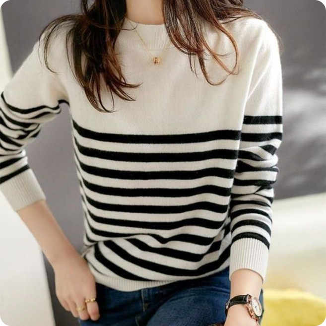 에쉬울프 여성 캐주얼 심플 단가라 라운드넥 긴팔 니트티