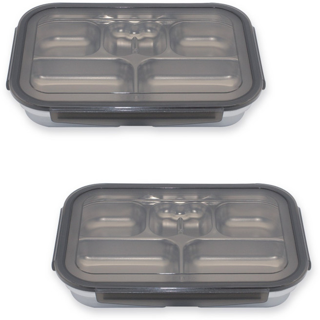 1+1 올품락 간편한끼 스텐 다이어트 직사각 5구 뚜껑 식판, 그레이, 2세트