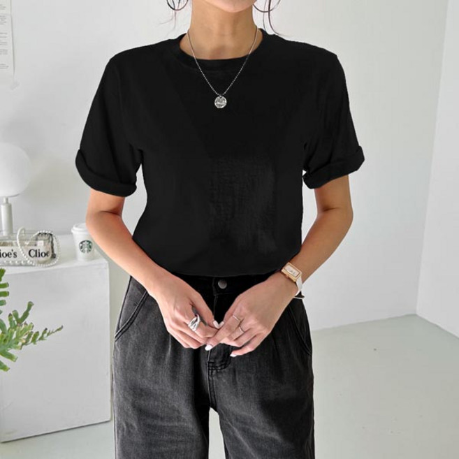 여성용 빅사이즈 오버핏 롱티 반팔 데일리룩 박스티 루즈핏 롤업오버핏티