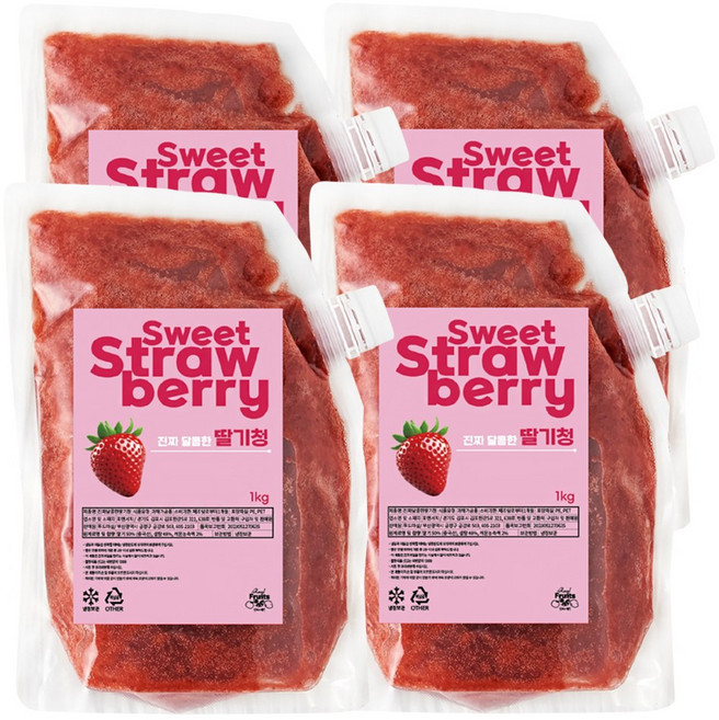 달콤한 딸기청 카페납품 대용량 천연당으로 만든 과육이 씹히는 수제청, 4개, 1kg