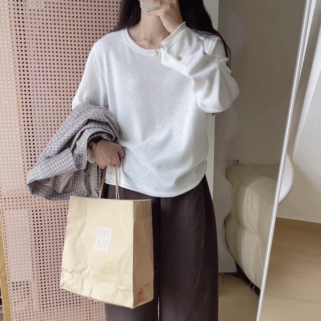 여성 베이직 긴팔 티셔츠 루즈핏 라운드넥 데일리 기본티