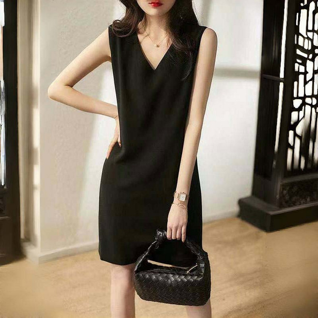 AOKADA 여성 여름 민소매 브이넥 심플 하객 오피스룩 미니 원피스