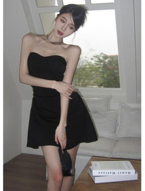 生日裙子 party小禮服裙 黑色抹胸連衣裙