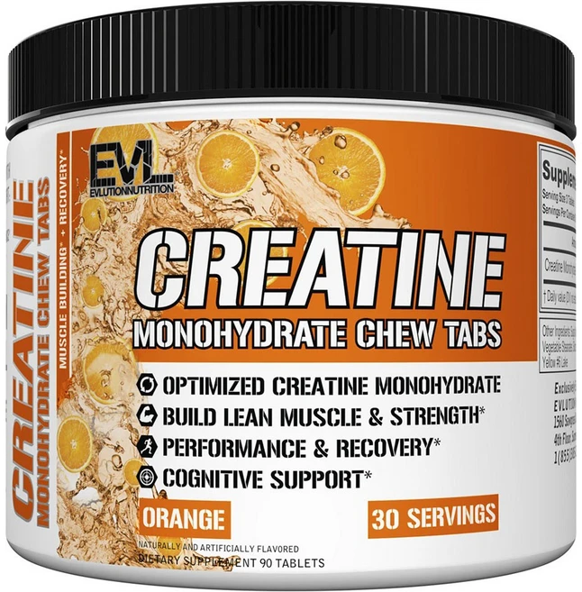 EVLUTIONNUTRITION 크레아틴 모노하이드레이트 오렌지 츄어블 타블렛, 1개, 90정 - 쿠팡