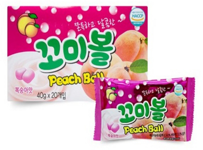 꼬미볼복숭아맛(20개한통) 미니멍 사이다향 캔디 밭두렁 옥수수튀김 꾀돌이 추억의과자 옛날과자 불량식품 문방구과자 옛날젤리, 20개, 40g