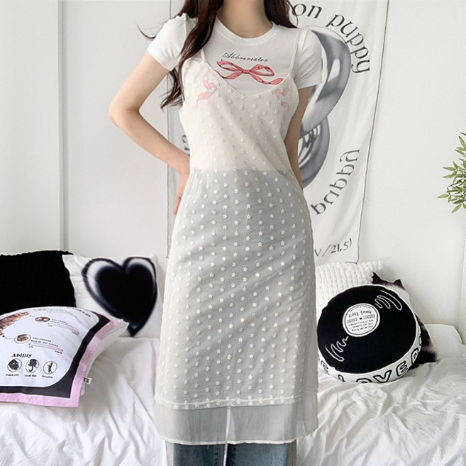 [레이어드/2col] 듀이 도트 레이스 쉬폰 뷔스티에 롱 원피스