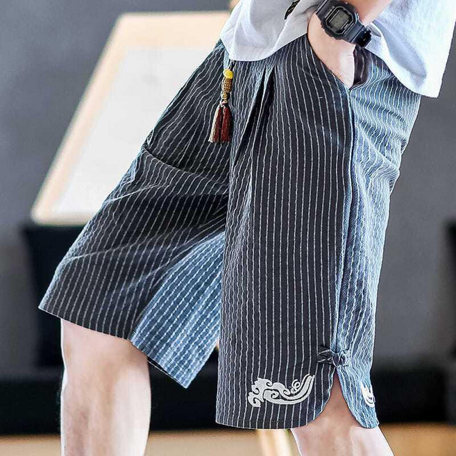 中國風 棉麻短褲男 夏季 仙鶴刺繡 寬鬆休閒五分褲