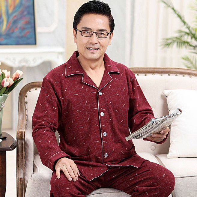 중년 남성 긴팔 잠옷 세트 봄가을 빅사이즈 순면 가디건 바지 파자마 투피스 아빠 춘추 루즈핏 실내복 SJS