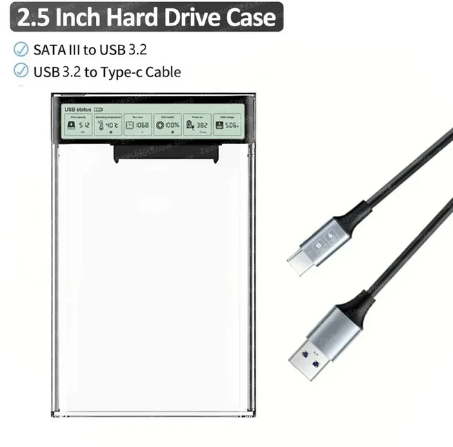2.5인치 HDD SSD 케이스 스마트 디스플레이 외장 쉘 USB3.2 Gen2 인클로저 하드 드라이브 투명 휴대용 저장 노트북 PC용, LCD Display Case, 1, LCD Display Case
