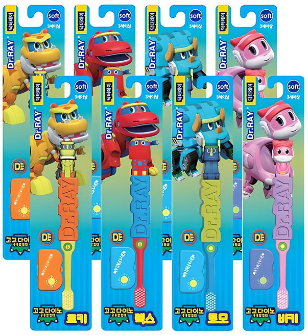 닥터레이 고고다이노 칫솔 세트 공룡 유아 어린이 공룡탐험대 렉스 로키 토모 비키 장난감, 렉스 + 로키 + 토모 + 비키, 1개입, 8개