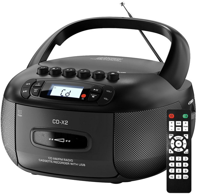 Kuephom Boombox CD 카세트 플레이어 콤보: 스테레오 사운드 AM FM 라디오 블루투스 및 리모컨 포함 - AUX/USB MP3/테이프 녹음/수면 타이머/이어폰 잭, Black