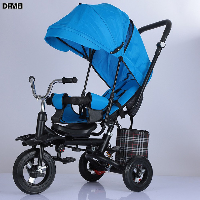 DFMEI 摺疊可躺可旋轉減震1-3-6手推騎行兒童三輪車, 1個, 1cm, 彎樑躺藍色+減震+10寸大鋁鈦空輪 【彎弓把:參考詳情