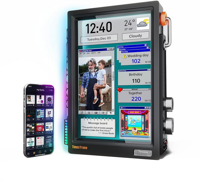 디붐 타임즈 프레임-10.1" 디지털 액자 투명 IPS 스마트 리눅스 OS RGBLED 회전식 노브 WiFi 64GB 400+시계면 위젯 50+API 피드 선물 모드 픽셀 아트, BLACK