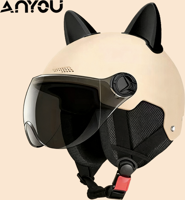 ANYOU 자외선 차단 고글 고양이 귀 안전 헬멧, 자외선 차단 짧은 쉴드+ 베이지+귀마개