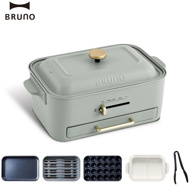 BRUNO 無煙多功能電烤盤BOE109 火烤多用組 杏子灰/開心果綠(任選) 附陶瓷鴛鴦鍋 減煙烤盤, BOE109, 開心果綠+火烤多用組