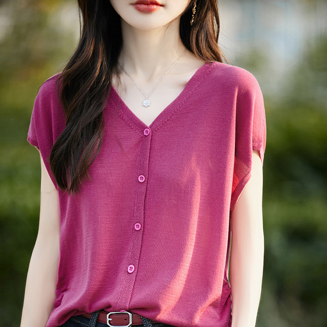 뚜니와또니 여성 텐셀 브이넥 반팔 슬림핏 얇은 니트 가디건