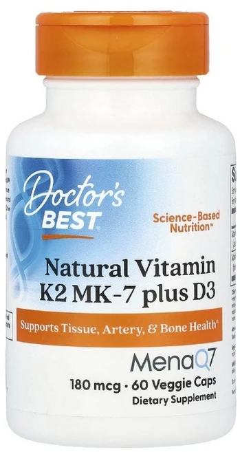 Doctor's Best MenaQ7 및 비타민D3(콜레칼시페롤) 함유 천연 비타민K2 MK-7 180mcg 베지 캡슐 60정, 1개 - 쿠팡