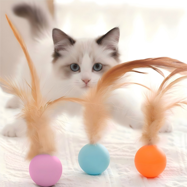 끝없는 즐거움 깃털 컬러 탱탱볼 고양이 장난감 3P 세트, 3개, 오렌지+보라색+블루