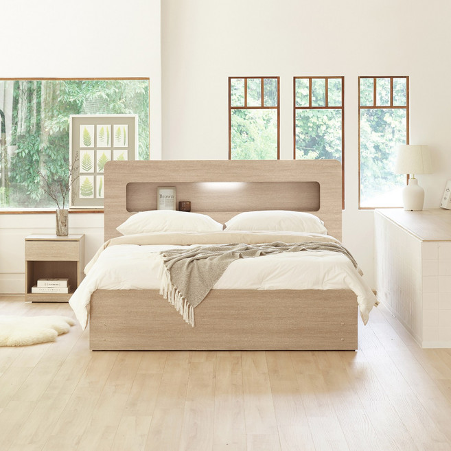 하포스 레이 E0등급 3단 LED 멀티서랍 침대 프레임 + 매트리스 세트 지정일설치, 레이 3단 수납형 [오크], 파워본넬 자가드 매트