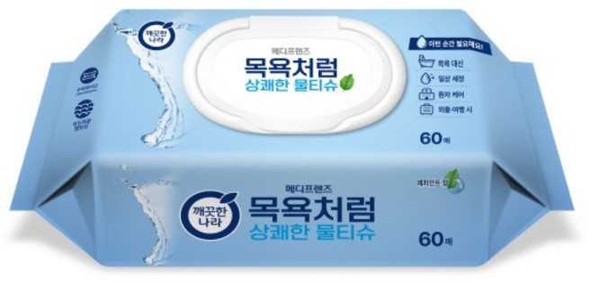 깨끗한나라 메디프렌즈 목욕처럼 상쾌한 대형 물티슈 캡형 60매 엠보싱, 6개, 60개입, 54g