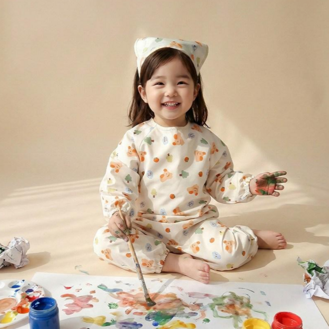 아이레빗 국내생산 아기 유아 미술가운 방수 전신 문센 촉감놀이 모래놀이, 러브 댕댕이