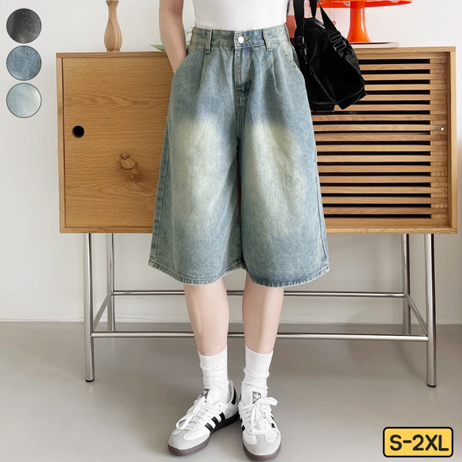 여리진 여성용 버뮤다 워싱 와이드 5부 데님 청반바지 허리 조절 단추 반바지
