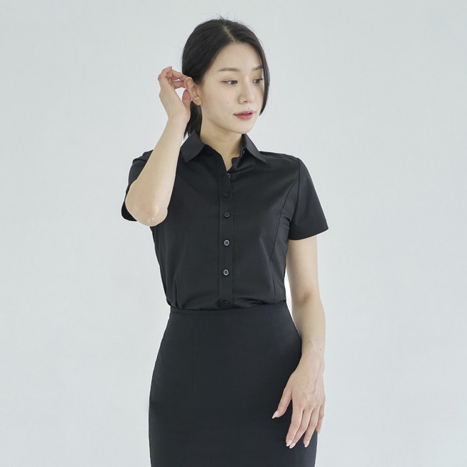 더웨이나인 여성 반팔 셔츠 블랙 빅사이즈 스판 고급 반소매