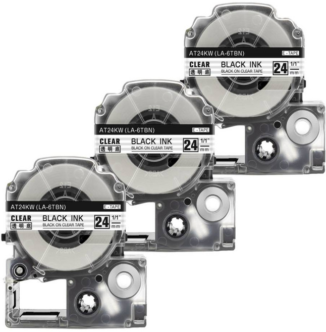 우리네라벨 엡손 라벨프린터 테이프 3개 세트 리라쿠마 프린터기 라벨기 호환 LW-K200BL LW-K200PK LW-C410 LW-C610 LW-K200BK, 24mm, 투명바탕 검정글씨