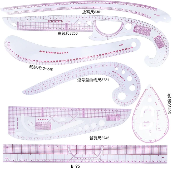 패치워크 눈금자 프렌치 커브 눈금자 키트 재단사 측정 키트 재봉 야드스틱 절단 퀼팅 눈금자 도구 눈금자, 10 ZF-HG-1021
