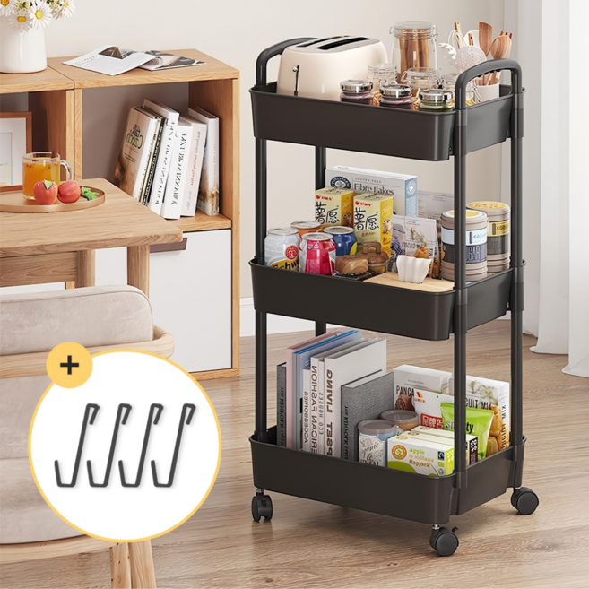 무루어 이동식 틈새 수납 트롤리, 블랙, 3단