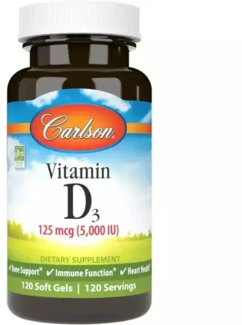 칼슨 비타민 D3 5000 IU (125 mcg) 뼈 건강 근육 콜레칼시페롤 D 보충제 소프트 젤 120, 1개, 120정 - 쿠팡