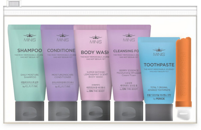 엘지생활건강 미니스 여행용세트 6종 여행필수품 샴푸 컨디셔너 바디워시 생크림폼 치약 칫솔, 1세트