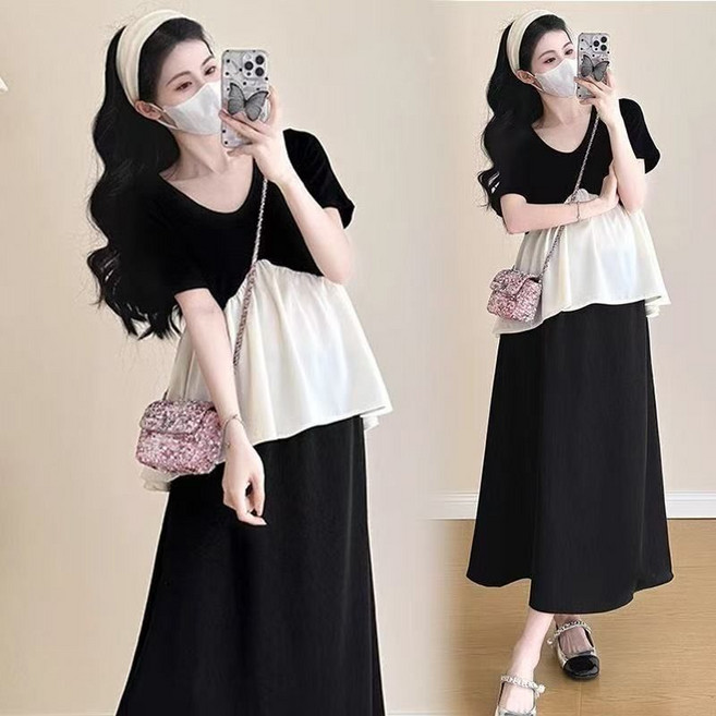 임산부 여름 롱스커트 세트 임부 빅사이즈 루즈핏 반팔 상의 + 기질 롱치마 캐주얼 임부복 상하의 세트 LCL