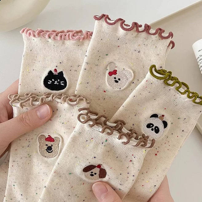 다이나토리 여성 네프 애니멀 포인트 프릴 중목 양말 5켤레