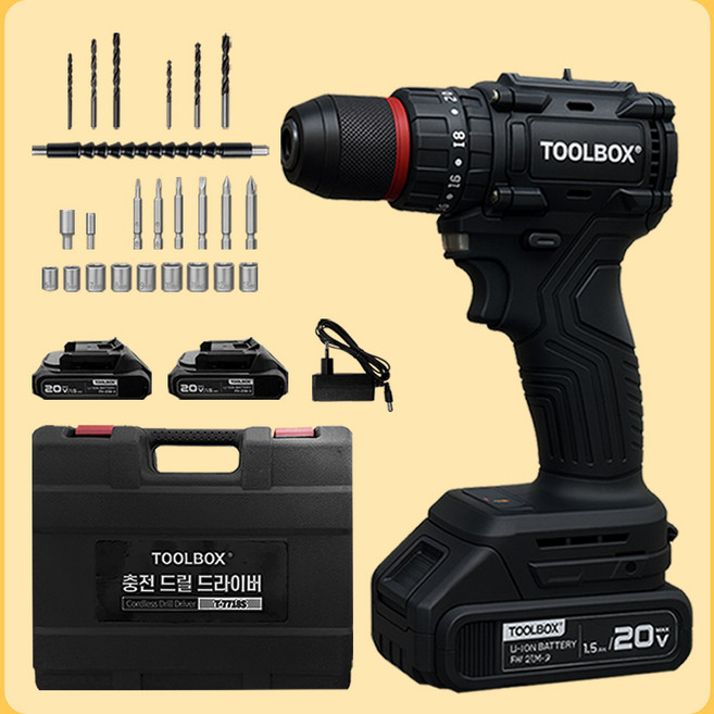 툴박스 20V 전동 임팩 해머 드릴 가정용 렌치 드라이버 세트 배터리 2개 해머기능 추가 T-7718S