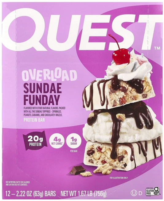 지금 곧 품절됩니다 Quest Nutrition 오버로드 프로틴 바 선데 펀데이 바 12개 개당 63g(2.22oz) 서둘러주시면 감사하겠습니다, QuestNutrition오버로드프로틴바선데펀데이바12, 63g - 쿠팡